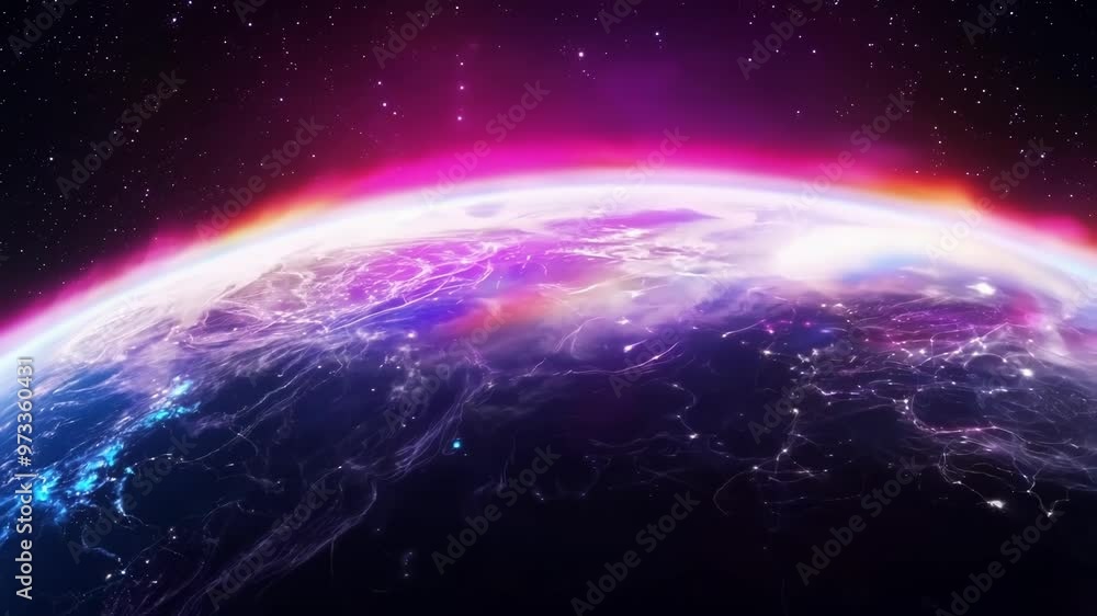 Aufkleber Glowing lines connect continents on a rotating earth, symbolizing global communication and technology in a futuristic world. Mesmerizing image of interconnectedness and innovation in the night sky