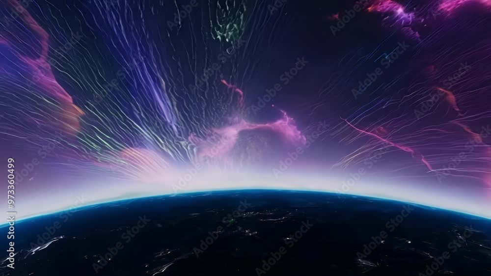 Aufkleber view from space showing a realistic earth rotating in its orbit with purple and blue nebula clouds, 