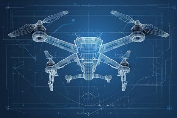 Obraz premium Vector blueprint wireframe of a quadcopter or drone, highlighting detailed line art design for