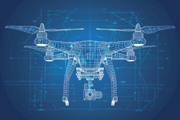 Vector blueprint wireframe of a quadcopter or drone, highlighting detailed line art design for