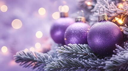 Festive Christmas tree with decorations with glittery baubles, frosted evergreen branches, illuminated by warm lights on a blur background. Merry Christmas banner and poster