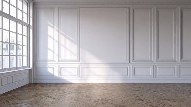 Another view of a white wall with classic style mouldings and wooden flooring in an empty room interior, providing a versatile space for interior design, rendered in 3D.