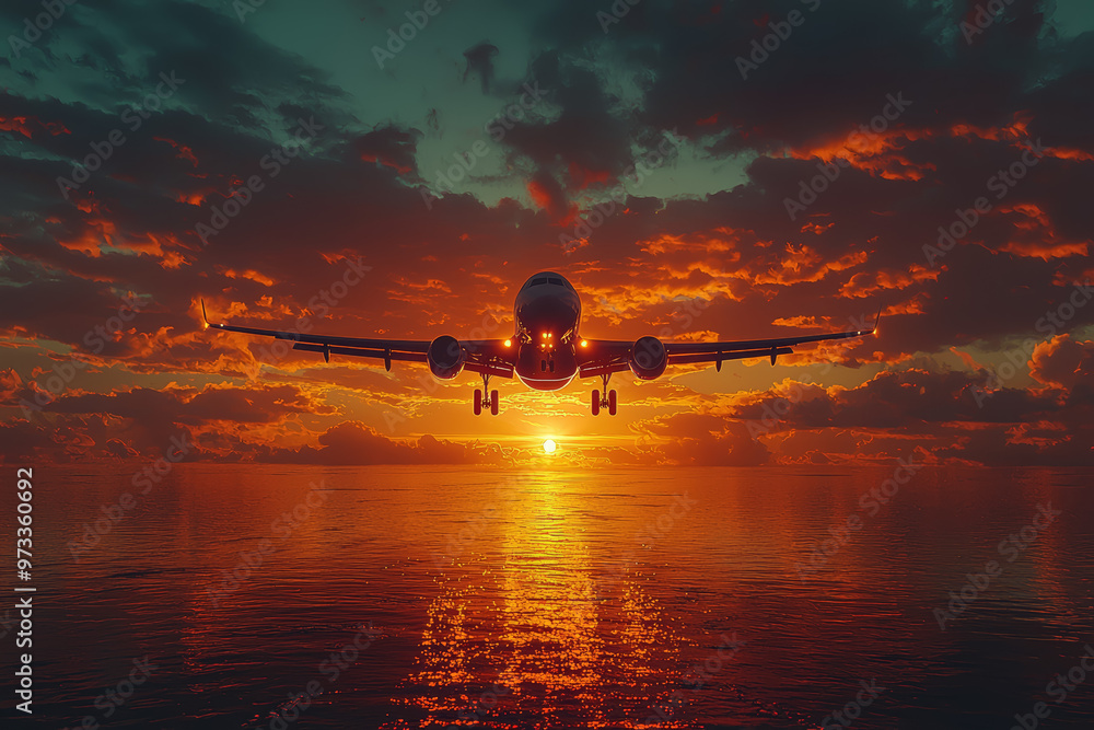 Aufkleber a plane taking off against the backdrop of a sunset, the motion creating a dynamic contrast with the