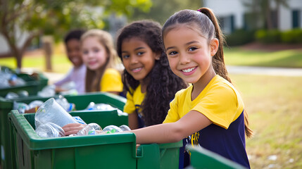 A group of students enthusiastically engages in a recycling activity at school, sorting materials and learning about environmental responsibility in the classroom