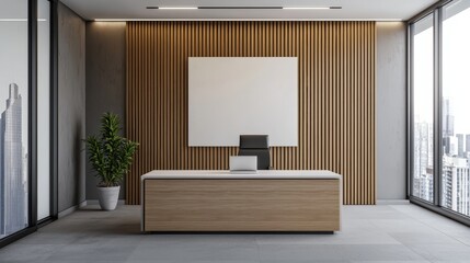 Fototapeta premium Eco-Friendly Modern Office with Bamboo Elements and Minimalist Design, Copy Space, Ultra HD