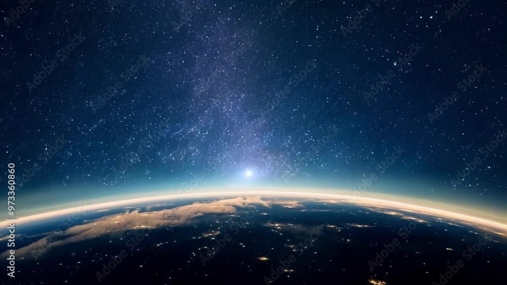 Poster breathtaking view of planet earth from space, showing the curvature of the planet and the thin blue 