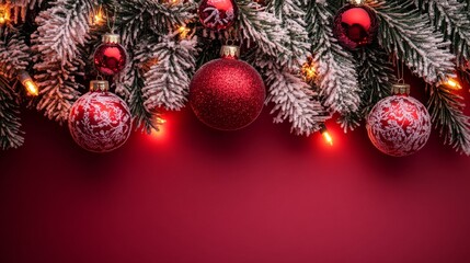 Festive Christmas tree with decorations with glittery baubles, frosted evergreen branches, illuminated by warm lights on a blur background. Merry Christmas banner and poster