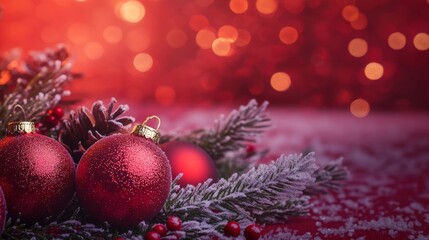 Festive Christmas tree with decorations with glittery baubles, frosted evergreen branches, illuminated by warm lights on a blur background. Merry Christmas banner and poster