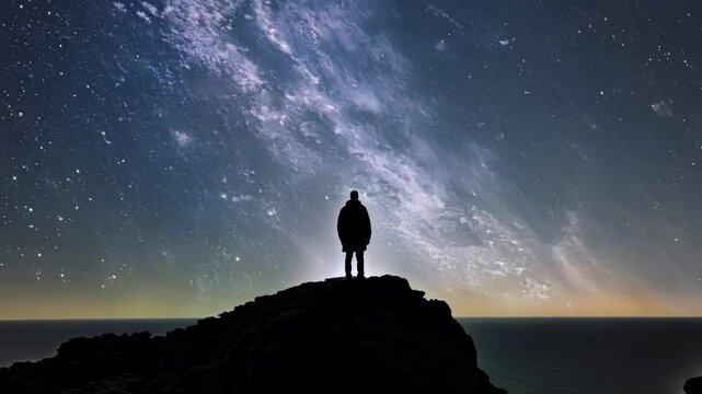 Standing on a cliff, a man gazes at the starry sky reflecting on the ocean, evoking wonder and peace in the vast universe