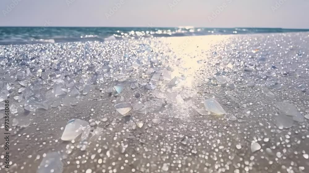 Poster Sunlight sparkles on a sandy beach, with the ocean in the background, creating a serene and peaceful atmosphere perfect for summer vacations