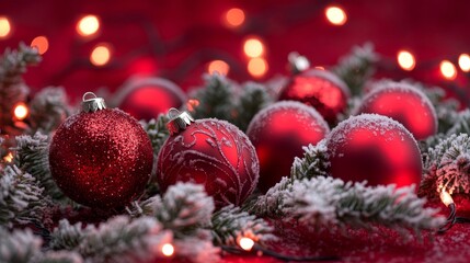 Festive Christmas tree with decorations with glittery baubles, frosted evergreen branches, illuminated by warm lights on a blur background. Merry Christmas banner and poster