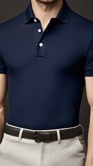 A well-fitted navy polo shirt accentuates the collar and sleeve on a man with short hair, captured against a sleek dark grey background with elegant studio lighting