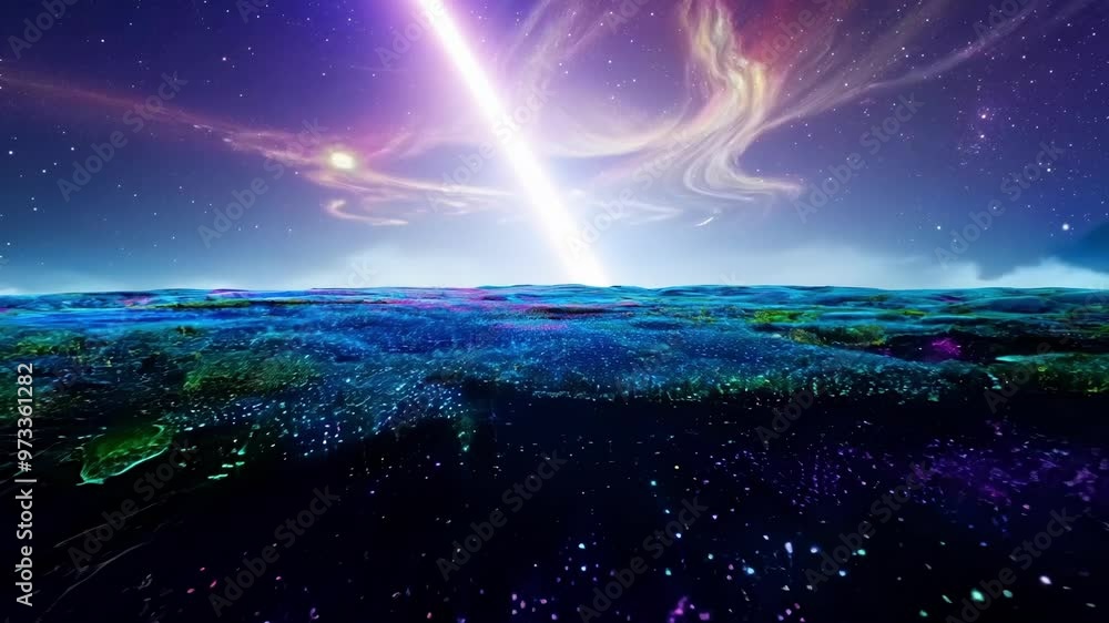 Poster beam of light shooting across a colorful alien sky illuminating the surface of a planet covered in b
