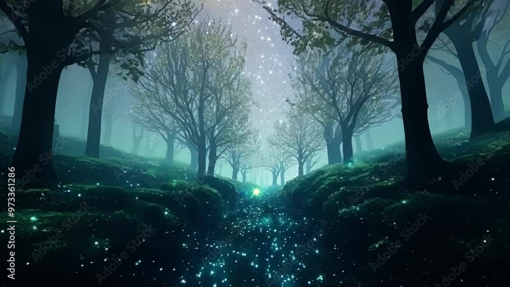 Poster Magical glowing path leads through a mysterious forest at night, illuminated by thousands of bright lights. The vastness of space is visible through the trees