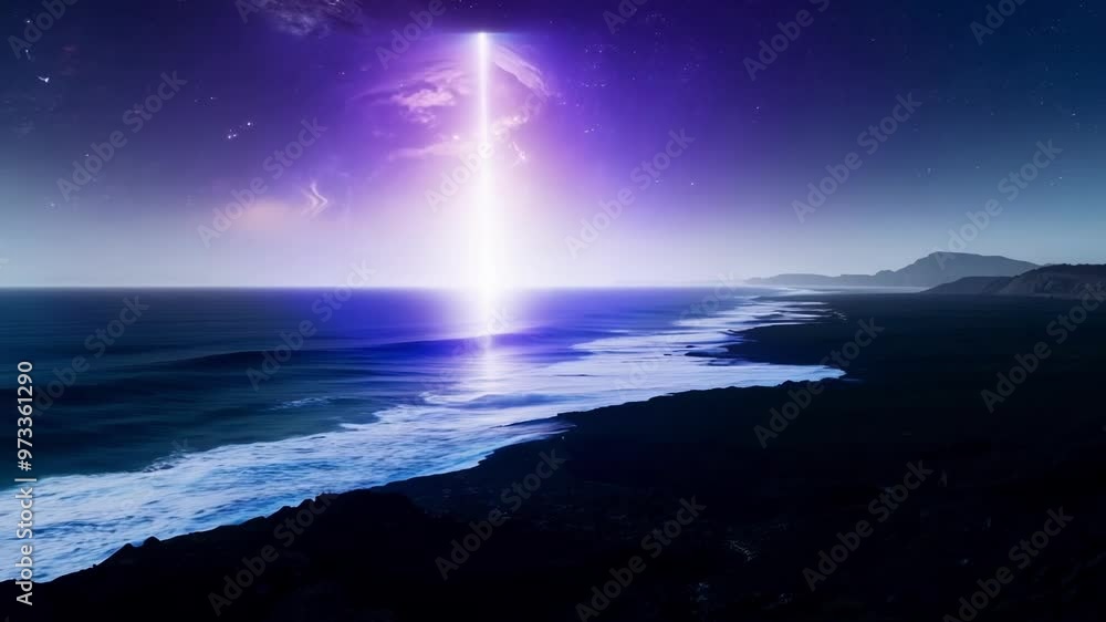 Poster Large, unidentified flying object is emanating a bright beam of light down to the ocean on a planet with a purple sky