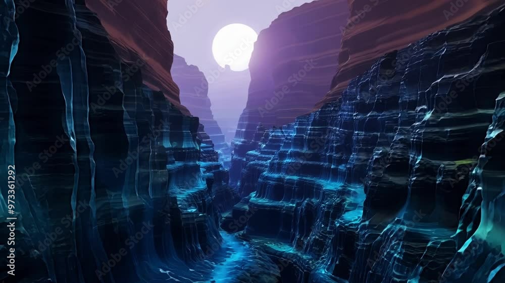 Poster Sun is shining over a canyon on an alien planet with blue glowing rocks in the shade and purple mountains in the distance