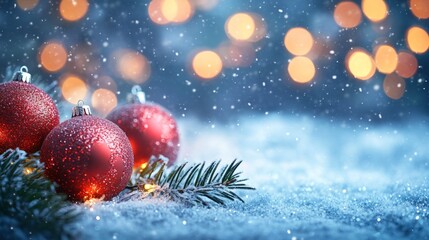 Festive Christmas tree with decorations with glittery baubles, frosted evergreen branches, illuminated by warm lights on a blur background. Merry Christmas banner and poster