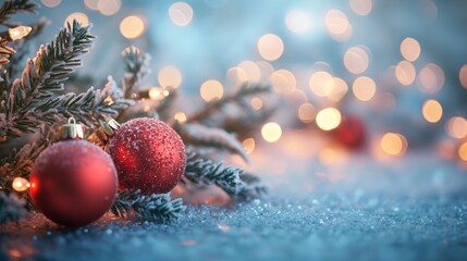 Obraz premium Festive Christmas tree with decorations with glittery baubles, frosted evergreen branches, illuminated by warm lights on a blur background. Merry Christmas banner and poster