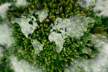World map made of white puffy clouds on green forest. World environment day concept.