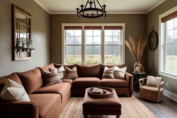 Warm and Inviting Living Room with Brown Sofa and Rustic Decor on White Background