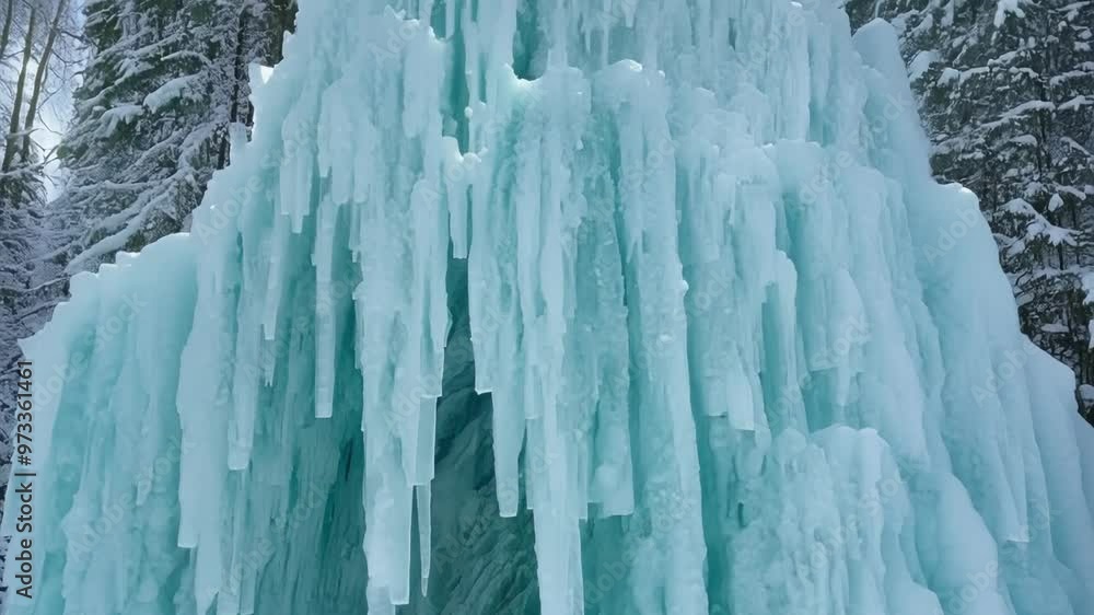 Poster turquoise ice formations are seen on a cliffside, creating long, dripping icicles in the winter. the