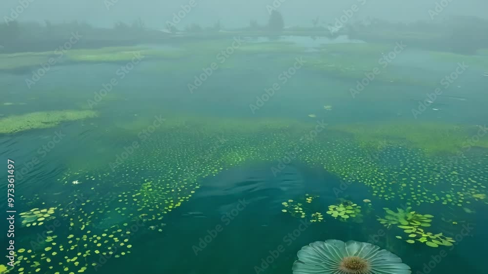 Poster Vibrant green algae cover a calm lake on a misty day, creating a mysterious veil over the water's depths. Sunlight filters through fog, highlighting growth and pollution in the wetland