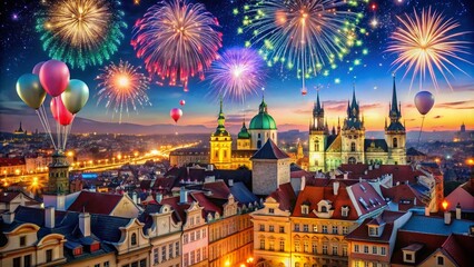 Naklejka premium Vibrant fireworks illuminate the night sky above colorful buildings in Prague, Czech Republic, as confetti and balloons fill the air on New Year's Eve celebration.