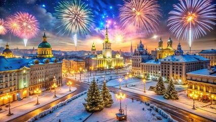 Obraz premium Vibrant fireworks illuminate the night sky above Kyiv's snow-covered Independence Square, festive decorations and twinkling lights adorn historic buildings, celebrating Ukrainian New Year's Eve.