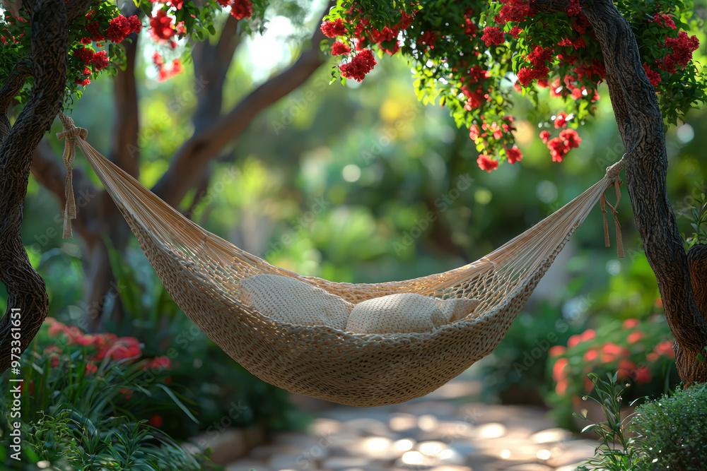 Poster a hammock swaying gently between two trees in a quiet garden. concept of relaxation and rhythmic mot