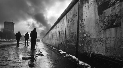 People gaze at the Berlin Wall under a moody sky in a somber urban environment