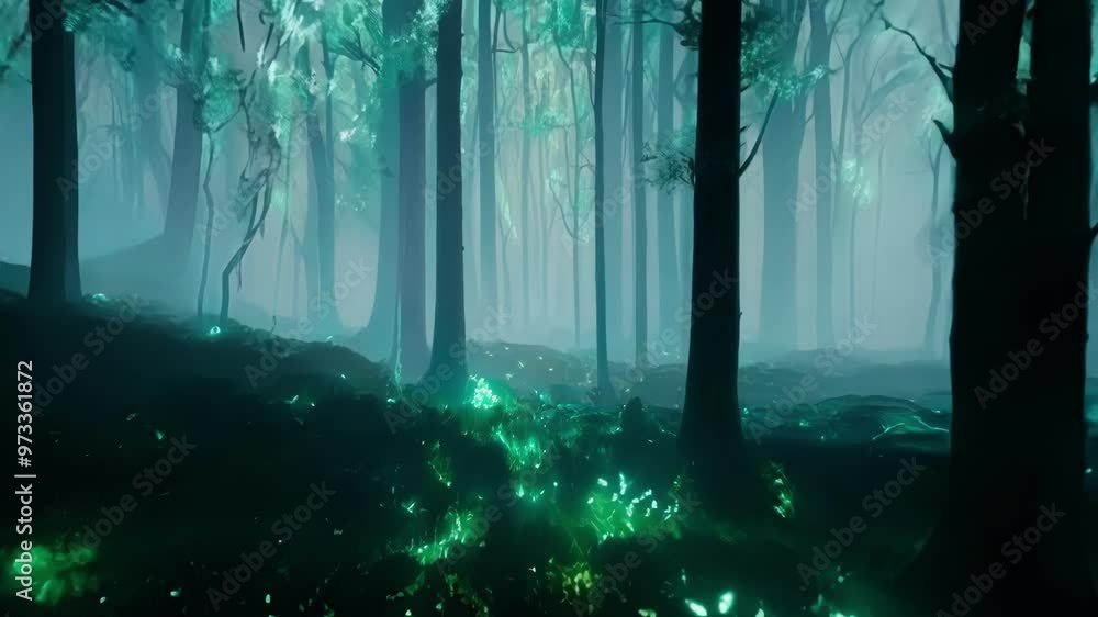 Aufkleber turquoise lights glow in dark forest, creating magical, mysterious atmosphere. trees bathed in ether