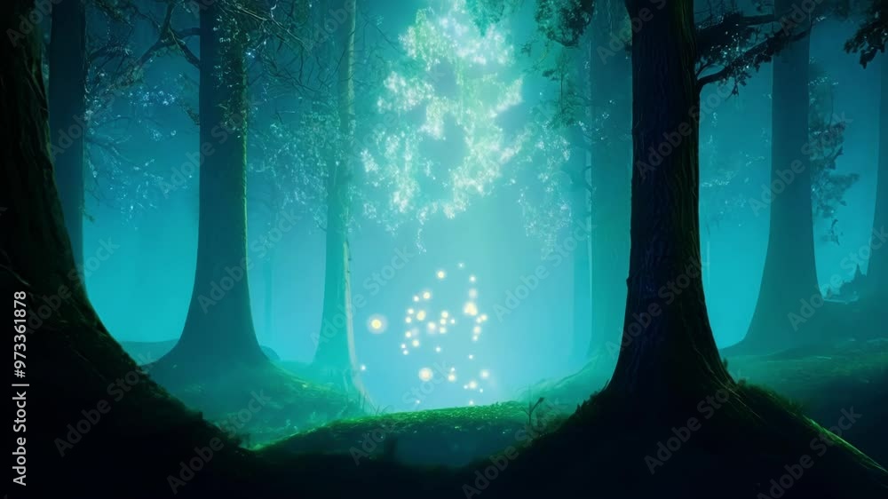 Aufkleber Magical tree is glowing in a dark forest at night, illuminating the surrounding trees with its ethereal light. The image evokes a sense of wonder and mystery