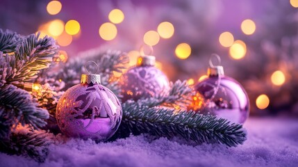 Festive Christmas tree with decorations with glittery baubles, frosted evergreen branches, illuminated by warm lights on a blur background. Merry Christmas banner and poster