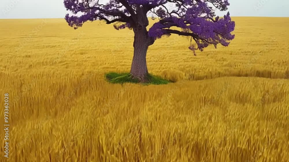 Poster lone tree with purple leaves is standing in a field of golden wheat, creating a striking contrast ag