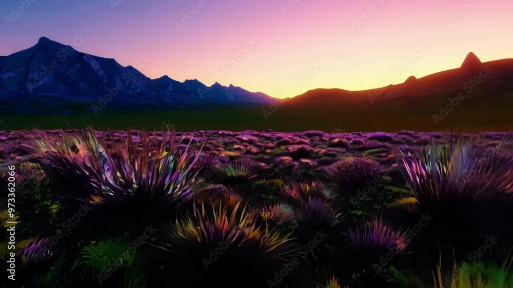 Poster Colorful alien landscape showing unusual vegetation growing on an unexplored planet, with mountains in the background