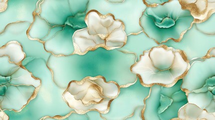 A striking close-up of white and gold marble features an ethereal icy blue glow along the edges, with radiant golden veins and intricate patterns enhancing its beauty SEAMLESS PATTERN