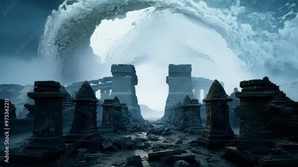 Poster 3d rendering of an ancient civilization in ruins with intricately carved stone structures, shrouded in fog under a swirling vortex of space clouds