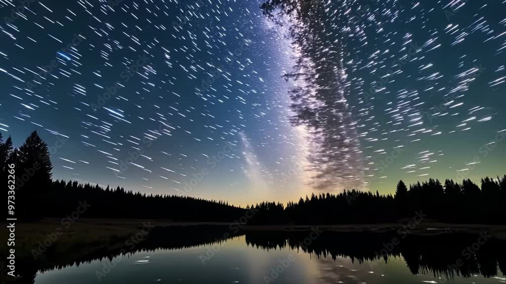 Poster Mesmerizing view of the night sky with countless stars creating trails as they move across the cosmos, reflected in the still waters of a lake