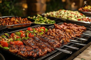Catering buffet at an indoor restaurant event, featuring grilled meat and a festive atmosphere.