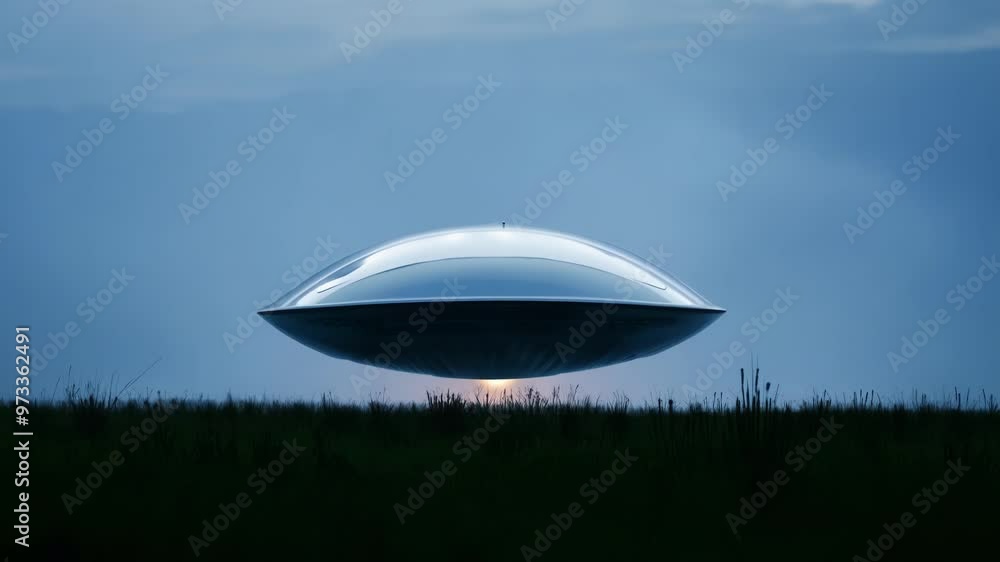 Poster Mysterious ufo hovers silently over a vast field, its alien presence illuminated by glowing engines against a night sky backdrop, evoking wonder and intrigue