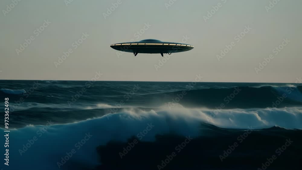Poster Mysterious ufo hovers over the ocean at dusk during a storm, creating an eerie atmosphere with dark skies and crashing waves