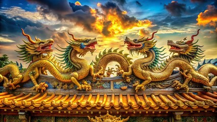 Obraz premium Vibrant golden dragon sculptures adorn ancient Chinese temple walls, surrounded by intricate carvings and mystical clouds, exuding mystique and cultural heritage in a serene atmosphere.