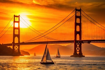 Fototapeta premium Vibrant golden gate bridge silhouette stands majestically at sunset against a warm orange sky with sailboats and