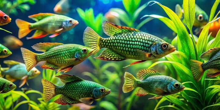 Vibrant green anabas fish swim amidst lush aquatic plants in a tropical aquarium, showcasing its unique climbing