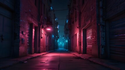 Fototapeta premium Neon lights in pink and blue on a city alley. city street in a neo-noir pink and blue design. neon lights in a pink and blue gradient, reminiscent of a cyberpunk alleyway. Artificial Intelligence