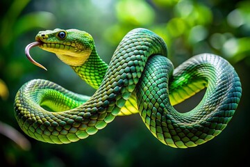 Obraz premium Vibrant green serpent coils and twists, suspended mid-air, its body a blur of motion, as if defying gravity