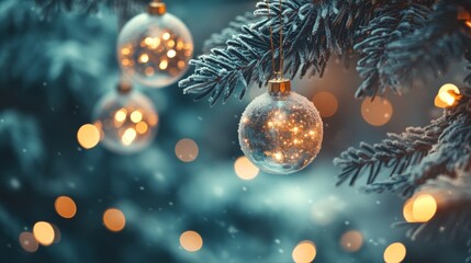 Festive Christmas tree with decorations with glittery baubles, frosted evergreen branches, illuminated by warm lights on a blur background. Merry Christmas banner and poster