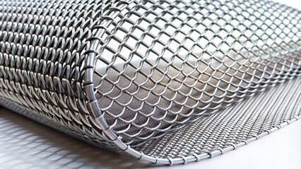 Closeup of swirling steel wire mesh sheet on white background, mesh, sheet, wire pattern, abstract, swirling, white background, industrial, wire mesh, metal, close-up, wire lattice