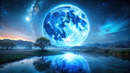 A stunning nighttime landscape with a majestic large blue moon glowing in the sky casting a ethereal glow upon the landscape below, nighttime, darkness, glowing, celestial, large