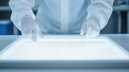 Close-up of Technician Inspecting Product Surfaces with Light Box for Quality Control - Copy Space Available